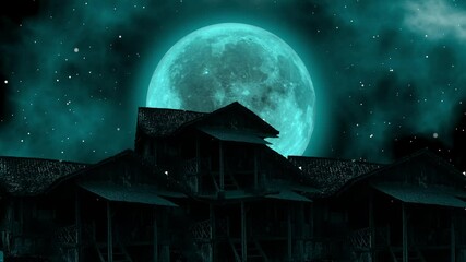 Wall Mural - Full moon and cloudy over an old house