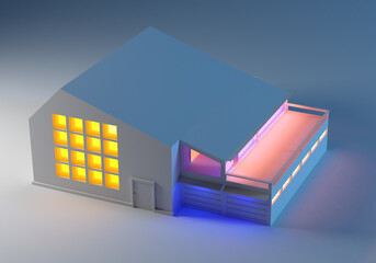Poster - Building mockup with lighted windows. Cottage with large veranda. Architectural project. House layout on a gray background. Building design. Architectural and construction bureau. 3d rendering.