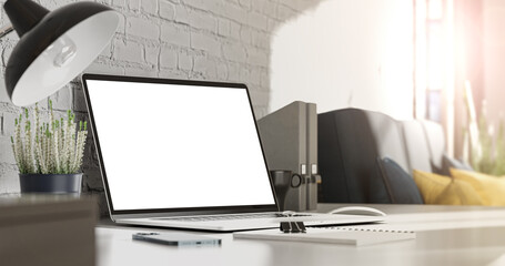 Poster - Laptop with the blank screen on the office table. Loft style