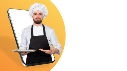 Poster - Cafe online. A collage with a chef and a smartphone. Application for ordering lunches and dinners. The chef makes an invitation gesture on the background of a smartphone. Food delivery to your home.