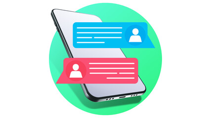 Poster - Mobile communication application. Notifications about chat messages on smartphone. Mobile phone with message boxes. Correspondence in messengers. Mobile chat, online communication. 3d rendering