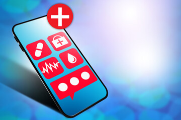 Poster - Medicine online. Medical data in phone. Medical application on mobile phone. The patient card in the smartphone. A cell phone with medical icons. Online doctor consultations. 3d image