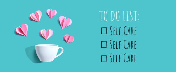 Wall Mural - Self Care - To Do List with a coffee cup and paper hearts