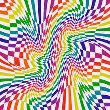 Checker Rainbow Squares. White Background And  Checker Canvas. Vector Psychedelic And Twisted Example. Crooked, Rainbow And Curly Flag.