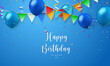 Blue ballon and colorful ribbon Happy Birthday celebration card banner template background