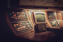 Cheshire, UK - 25th June 2021: Vintage Cold War Missile Silo Computer Systems In Underground Bunker