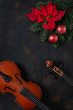Old Violin And Fir-tree Branches With Christmas Decor And Poinsettia.  Christmas And New Year's Concept. Top View, Close-up On Dark Concrete Background.