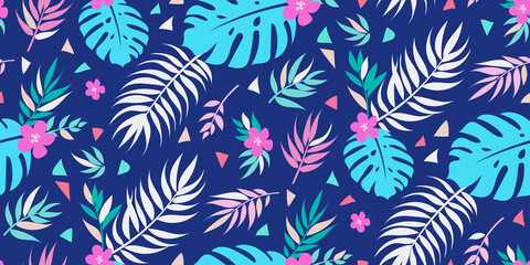 Seamless tropical floral background with palm leaves for summer dress fabric