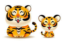 Cute Tiger And Tiger Cub Isolated On White Background.