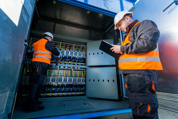 Wall Mural - checking the operating voltage levels of the solar panel switchgear compartment