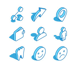 Poster - Set of web isometric icon. Share, wallet, man, tooth, smilie and more. 3D line style symbol.