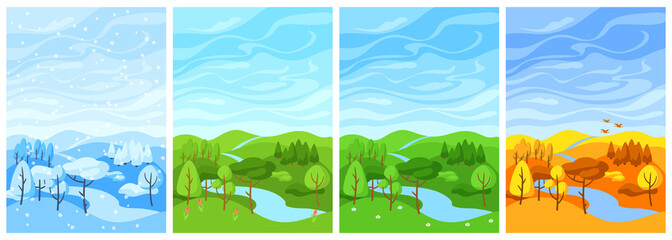 Sticker - Four seasons landscape. Illustration with forest, trees and bushes in winter, spring, summer, autumn.