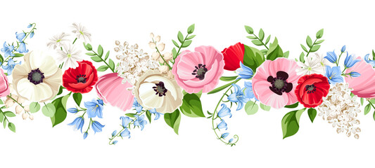 Vector horizontal seamless border with red, pink, blue and white poppy, bluebell, lilac and lily-of-the-valley flowers on a white background.