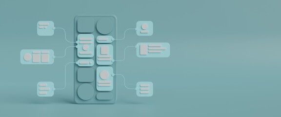 Aufkleber - UX UI flowchart connection node graphic designer creative planning application process development data prototype wireframe for web mobile icon phone . User experience concept. 3d rendering.