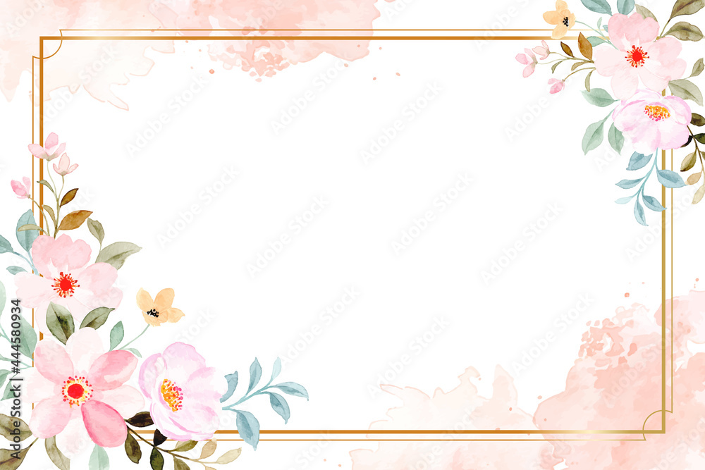 Watercolor pink flower background with golden frame Stock Vector ...