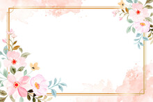 Watercolor Pink Flower Background With Golden Frame