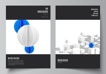 Poster - Vector layout of A4 cover mockups templates for brochure, flyer layout, booklet, cover design, book design. 3d render vector composition with dynamic realistic geometric blue shapes in motion.