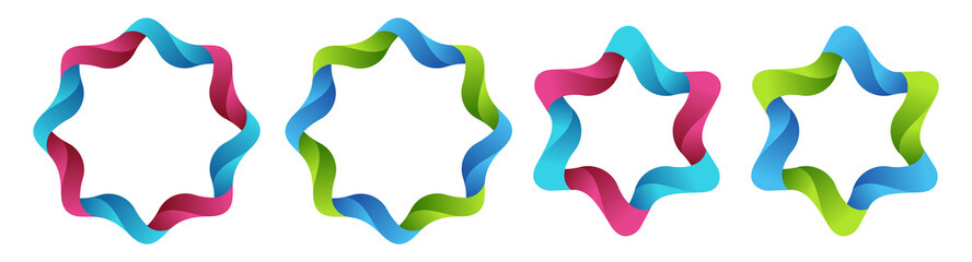 Wall Mural - set of four abstract circular logo elements isolated on white background. 3d abstract wavy star figu