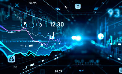 Poster - Charts, data in the cyberspace on dark blue background