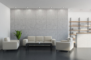 Reception area with sofa, armchairs besides, grey