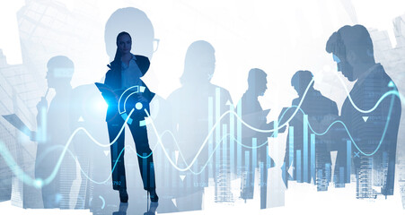 Poster - Diverse business people working together. Skyscrapers and stock market dynamics, line chart, double exposure. Concept of financial advisor and international consulting