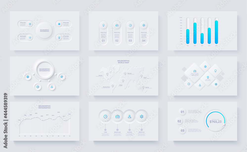 Nine slides with neumorphic infographics elements. Circles, rings, maps ...