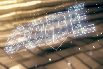 Poster - Code word hologram on blurry metal background, artificial intelligence and neural networks concept. Multiexposure
