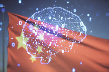 Poster - Double exposure of creative human brain microcircuit hologram on flag of China and blue sky background. Future technology and AI concept