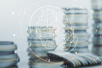 Poster - Virtual creative artificial Intelligence hologram with human brain sketch on coins background. Double exposure