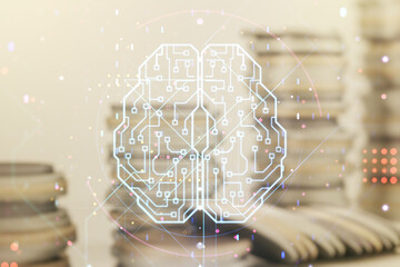 Poster - Double exposure of creative artificial Intelligence interface on growing stacks of coins background. Neural networks and machine learning concept