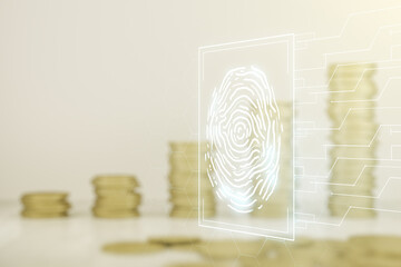 Poster - Double exposure of virtual creative fingerprint hologram on growing coins stacks background, protection of personal information concept