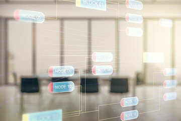Aufkleber - Abstract virtual coding illustration on a modern coworking room background, software development concept. Multiexposure