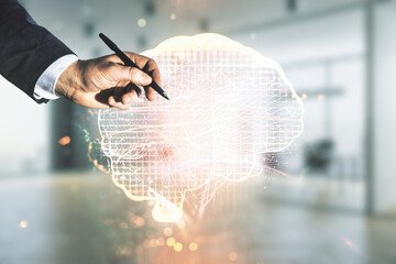 Wall Mural - double exposure of man hand with pen working with creative human brain microcircuit hologram on blur