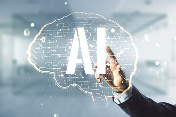 Poster - Double exposure of man hand working with creative human brain microcircuit hologram on blurred office background. Future technology and AI concept