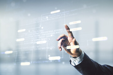 Aufkleber - Multi exposure of businessman hand clicks on abstract graphic coding sketch on blurred office background, big data and networking concept