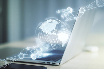 Aufkleber - Creative abstract robotics technology hologram with globe on modern computer background, artificial intelligence and machine learning concept. Multi exposure