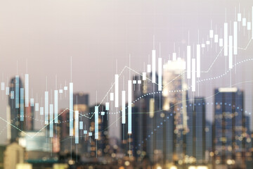 Poster - Multi exposure of virtual abstract financial diagram on blurry office buildings background, banking and accounting concept