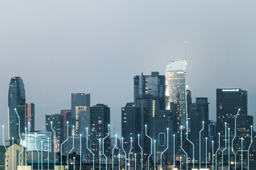 Poster - Abstract virtual micro chip hologram on Los Angeles cityscape background, artificial intelligence and machine learning concept. Multi exposure