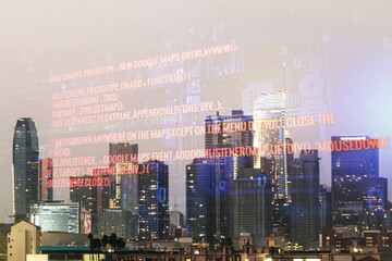 Poster - Abstract virtual coding concept on Los Angeles skyline background. Multiexposure