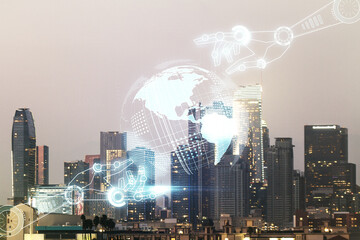 Aufkleber - Abstract virtual robotics technology sketch with globe on Los Angeles office buildings background, future technology and AI concept. Double exposure