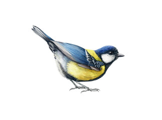 funny little tit bird. watercolor illustration. hand drawn realistic europe song bird. great tit com