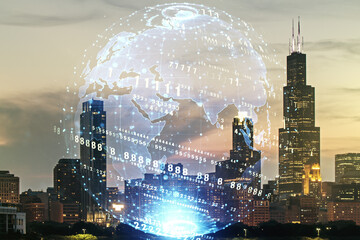Poster - Multi exposure of abstract programming language hologram and world map on Chicago office buildings background, artificial intelligence and neural networks concept