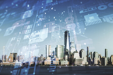 Poster - Abstract virtual coding concept on New York city skyline background. Multiexposure