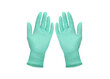 © Maksim - Medical nitrile gloves.Two green surgical gloves isolated on white background with hands. Rubber glove manufacturing, human hand is wearing a latex glove. Doctor or nurse putting on protective gloves