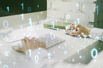 Poster - Creative abstract binary code hologram and hands typing on computer keyboard on background, AI and machine learning concept. Multiexposure