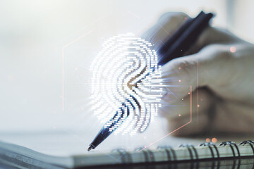 Aufkleber - Double exposure of abstract creative fingerprint hologram with woman hand writing in notepad on background, protection of personal information concept