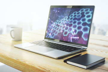 Poster - Creative abstract wireless technology hologram with hexagon on modern computer monitor, artificial intelligence and machine learning concept. 3D Rendering