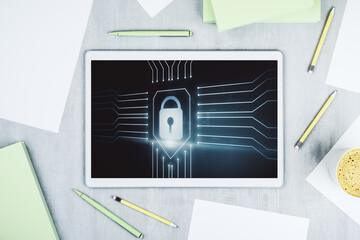 Poster - Top view of modern digital tablet monitor with creative lock hologram and chip. Information security concept. 3D Rendering