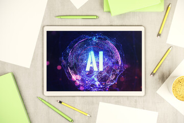 Poster - Creative artificial Intelligence symbol concept on modern digital tablet display. Top view. 3D Rendering