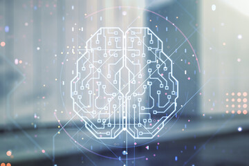 Poster - Double exposure of creative artificial Intelligence interface on modern business center exterior background. Neural networks and machine learning concept